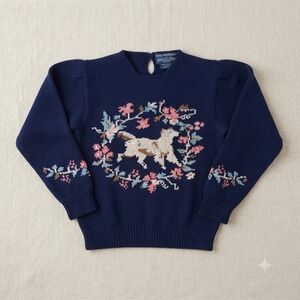 Herman Geist Petites‎ Navy Shetland Wool Hand Embroidered Dog Floral Sweater M